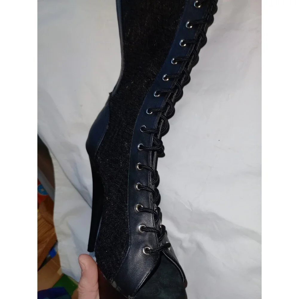 Pleasers Delight Black Lace Panel Platform Thigh High Boots 6